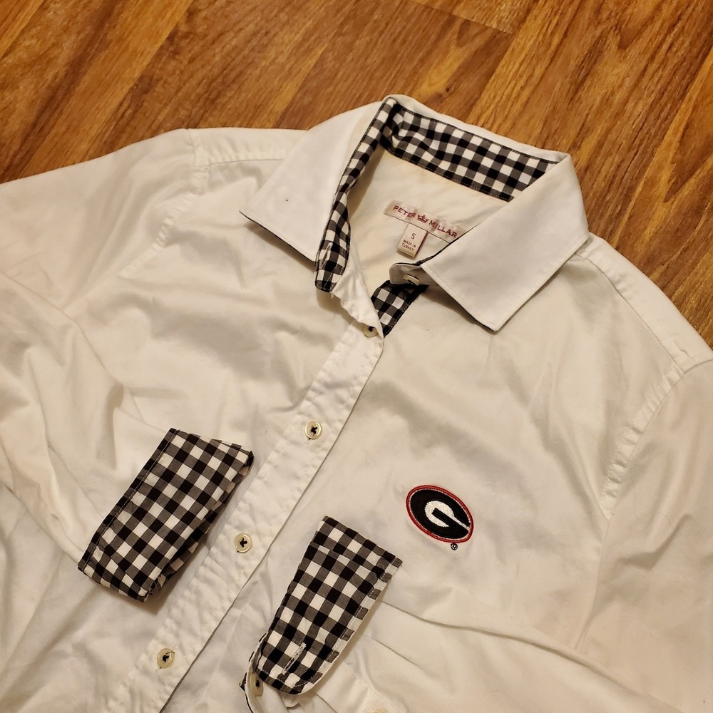 Peter Millar Golf Shirt Women Small White Georgia Bulldogs UGA Gingham Button Up